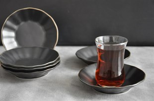 6 Adet Porselen Siyah Çay Tabağı
